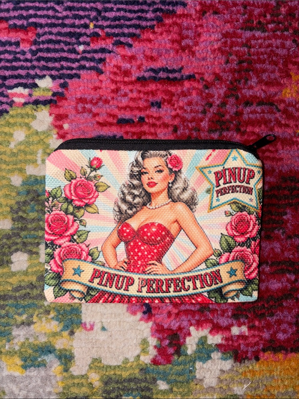 Perfection Retro Pinup Floral Zip Pouch in Pink and Red 6x4”